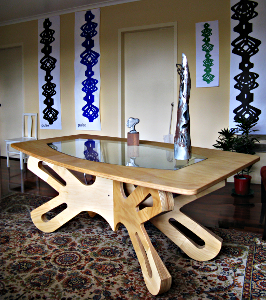 Dragonfly table with wall banners based on Columns of Breath or Pulse Columns